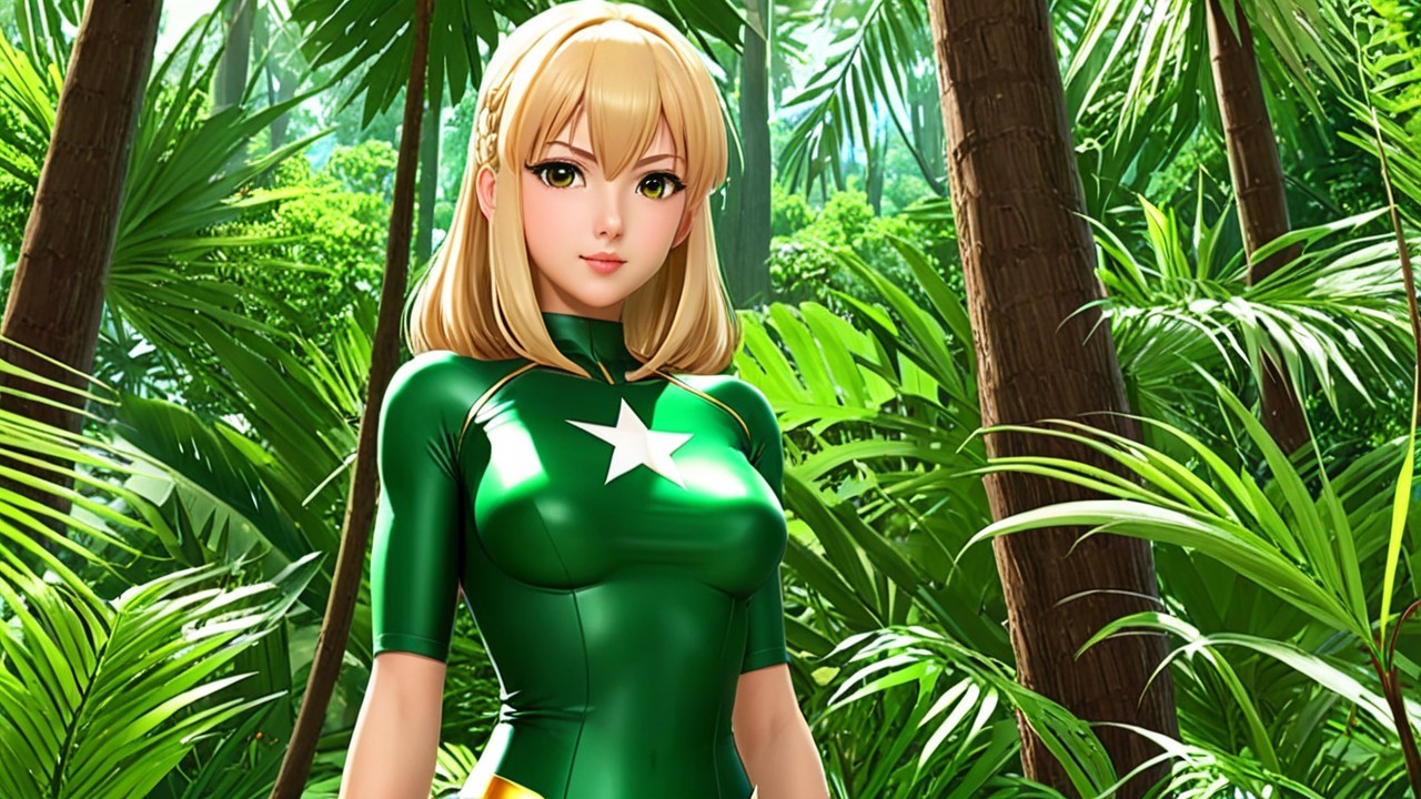 Confident Character in Emerald Outfit in Jungle Setting