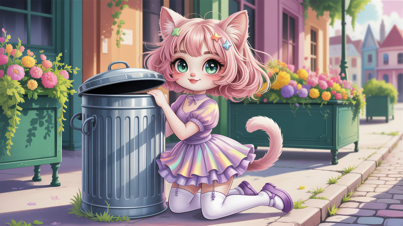 Anime Cat Girl with Pink Hair and Colorful Dress