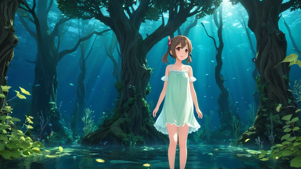 Underwater Scene with a Young Girl and Aquatic Plants