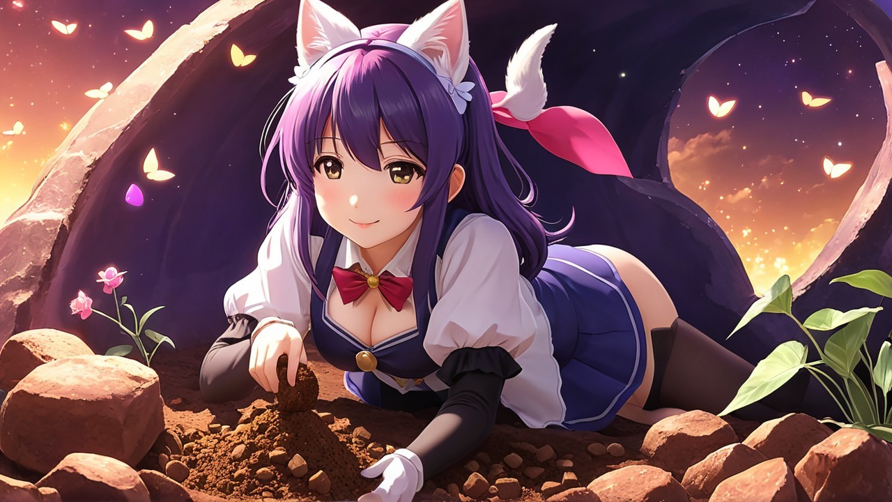 Cheerful girl with cat ears in a whimsical garden scene