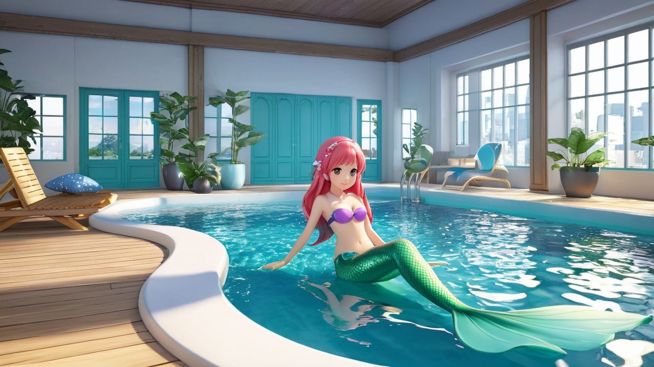 Mermaid in Vibrant Indoor Pool with Sunlit Decor