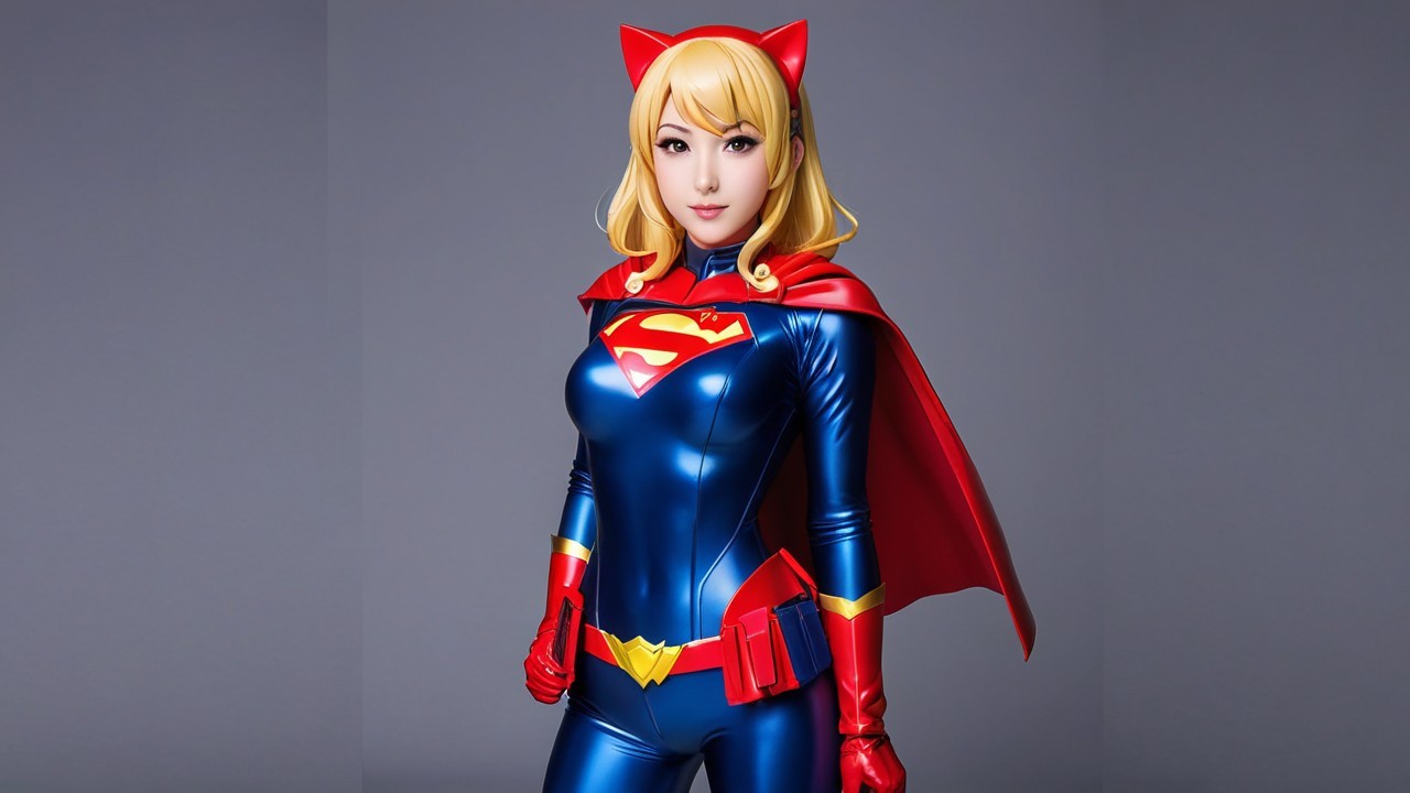 Superheroine in Blue and Red Costume with Cape
