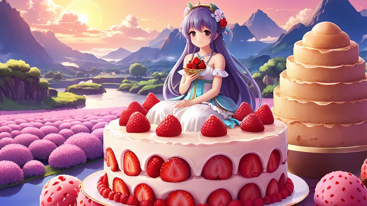 Whimsical Scene of Girl on Cake with Sunset Background