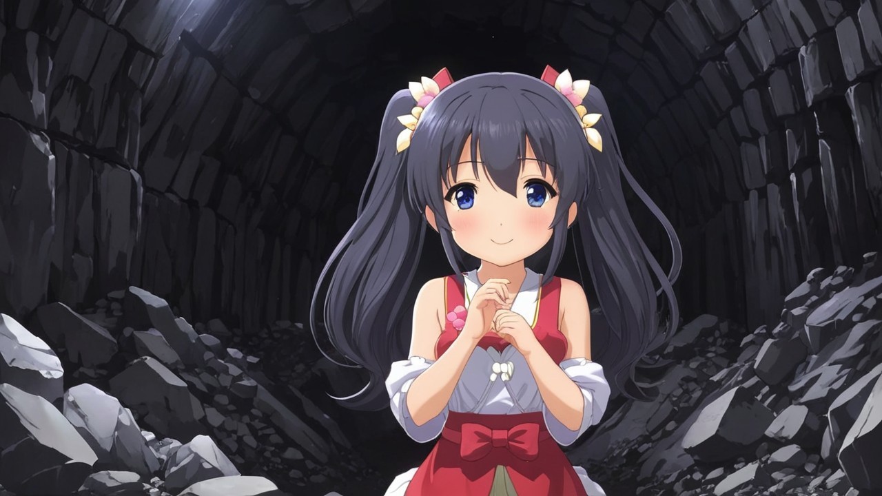 Young girl in white dress stands in dimly lit tunnel