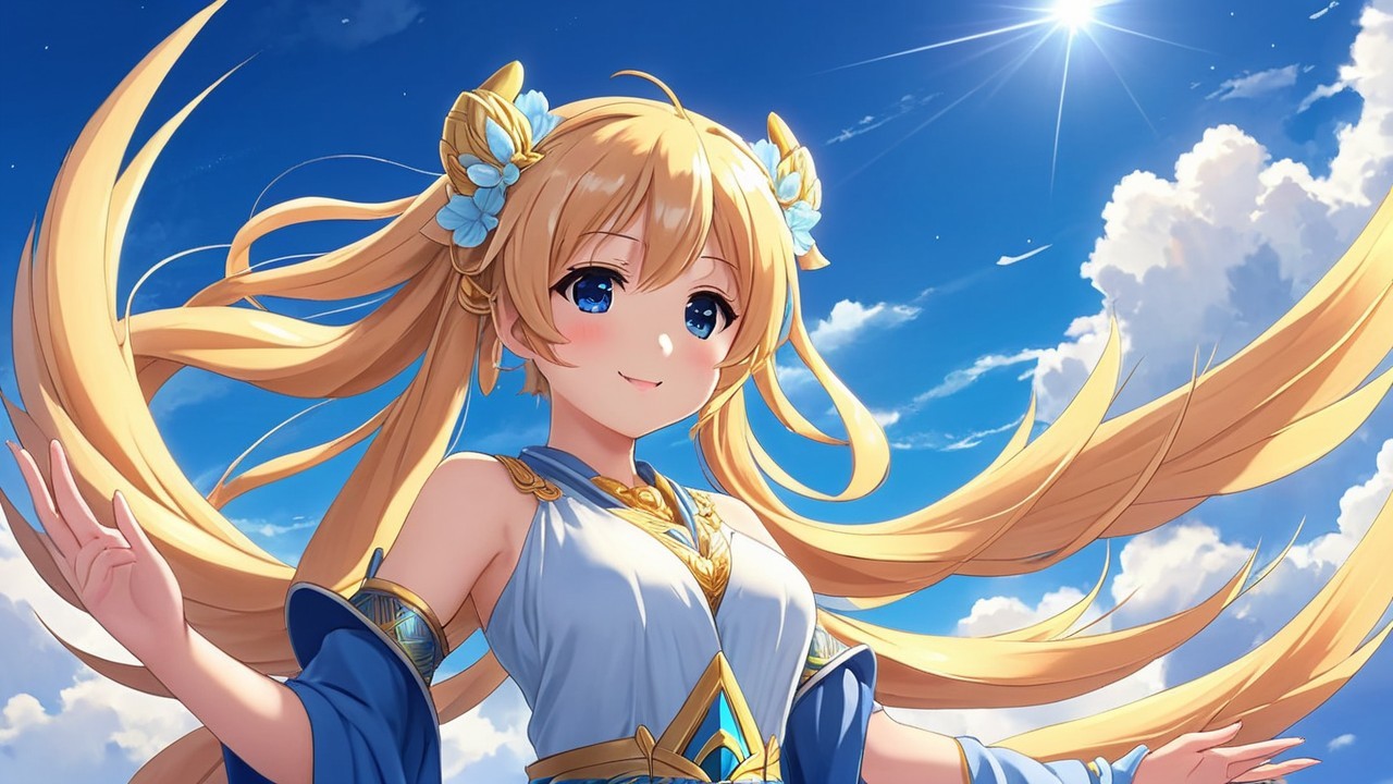 Character with Golden Hair in a Vibrant Sky Scene