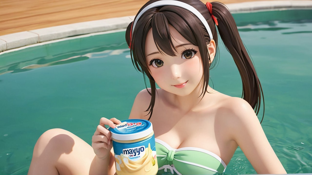 Animated Character by Pool in Green Bikini