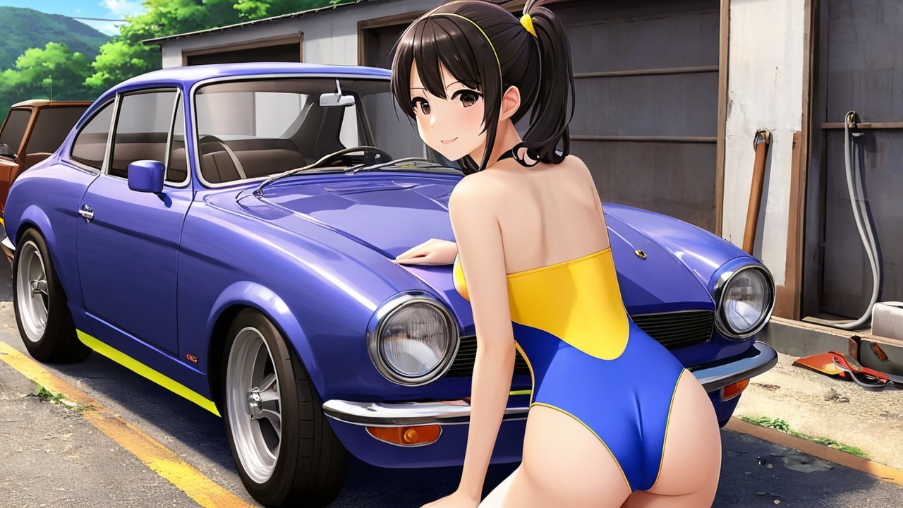 Anime Girl Posing Next to Vintage Blue Car