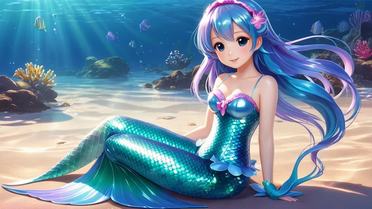 Animated mermaid on ocean floor with vibrant sea life