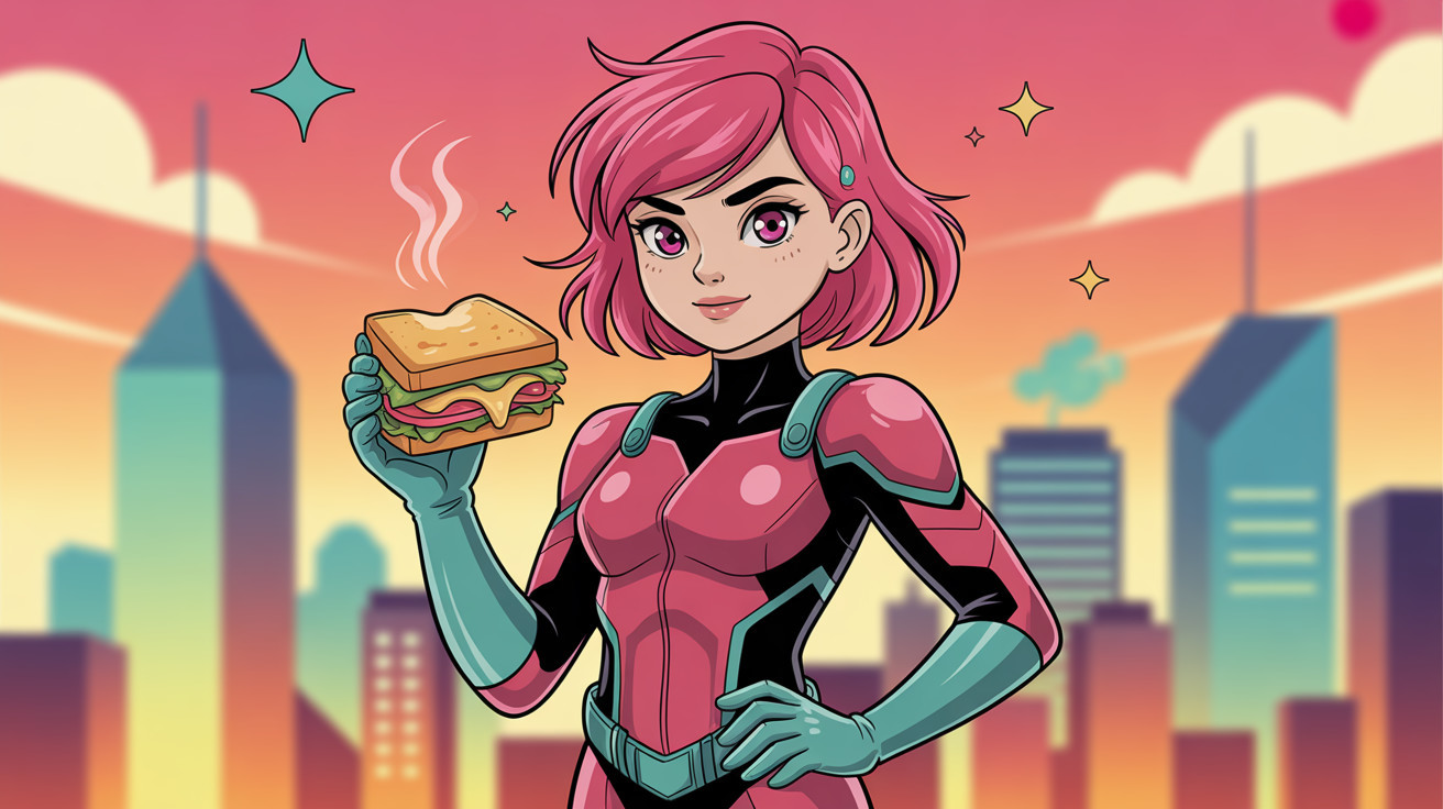 Vibrant Cartoon of Girl in Superhero Suit at Sunset