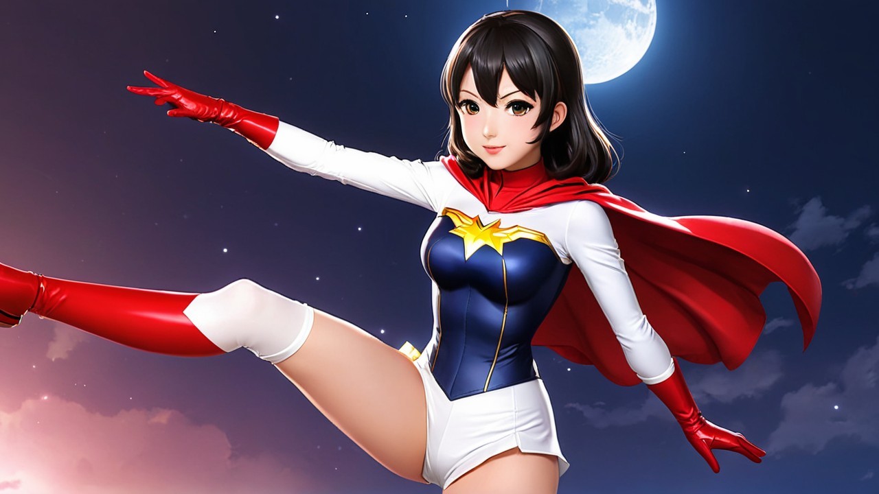 Dynamic Superheroine in Vibrant Costume Under Moonlight