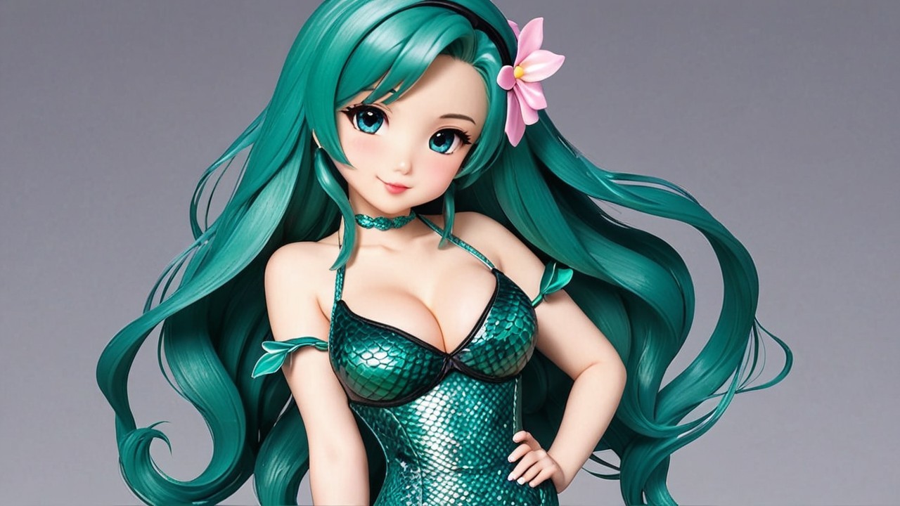 Anime-style mermaid figure with turquoise hair and charm