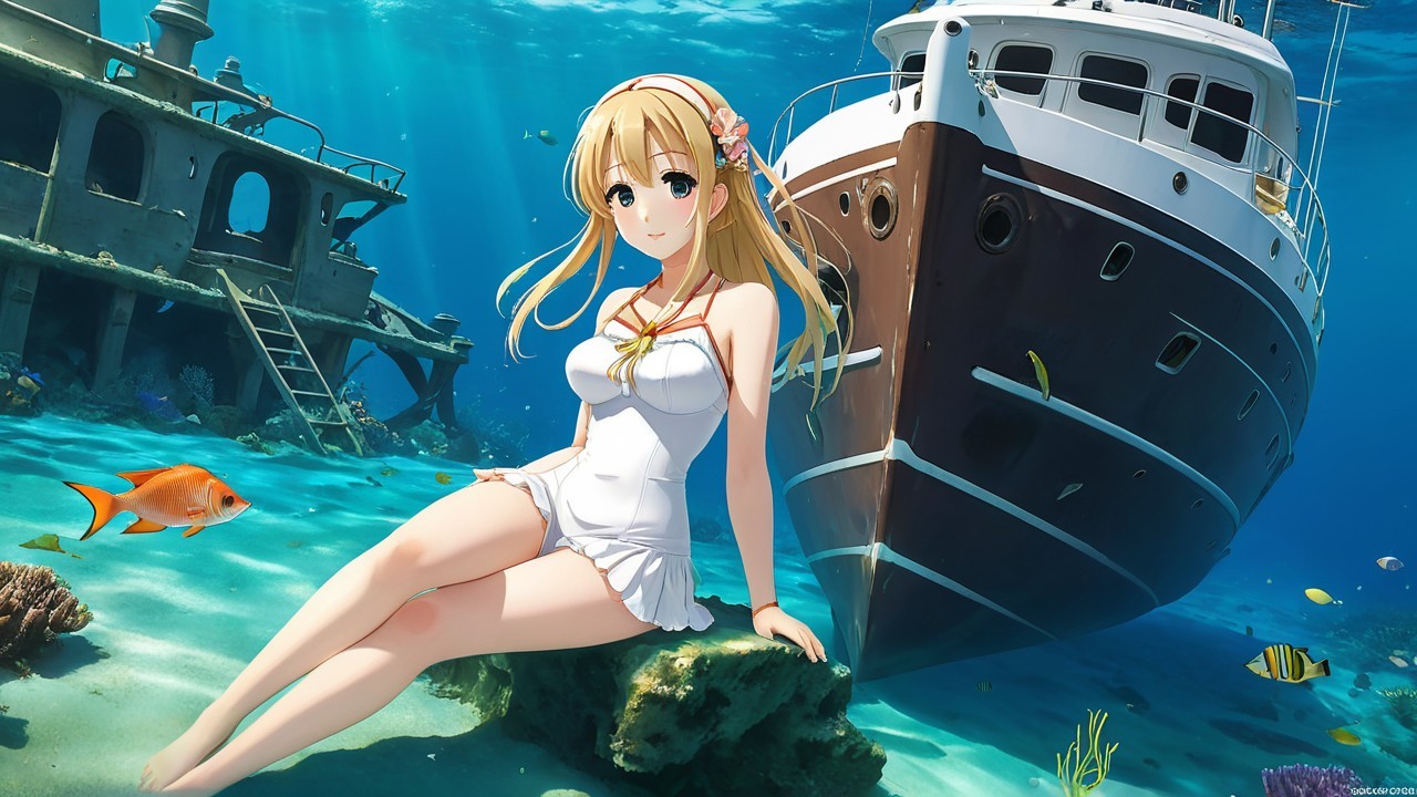 Anime-style girl in swimsuit underwater with fish