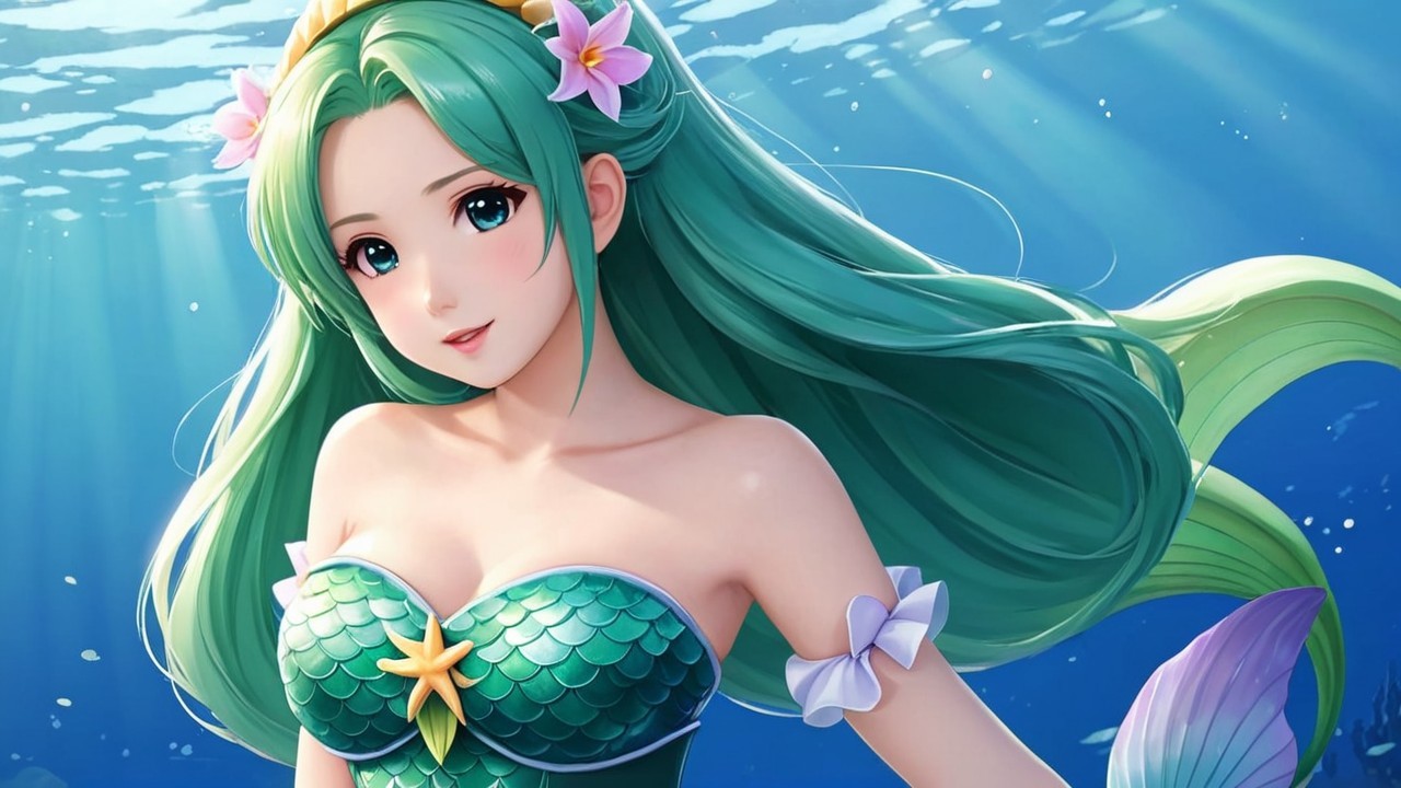 Mermaid with Green Hair in Magical Underwater Scene
