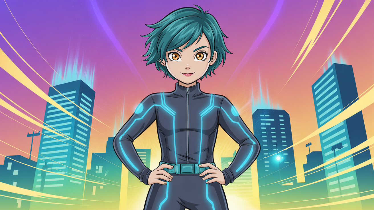 Anime-style superhero with teal hair in cityscape