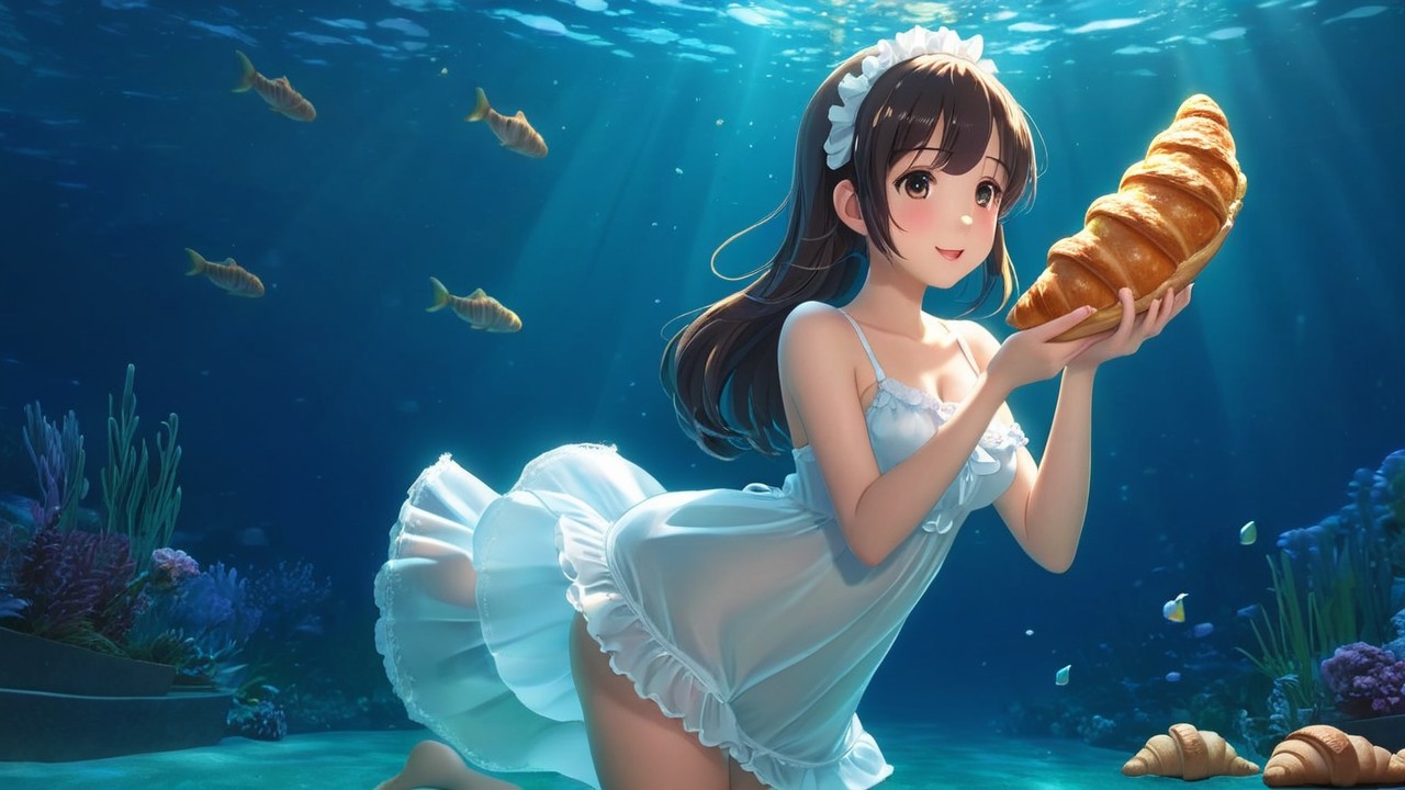 Young woman in white dress kneeling underwater with fish