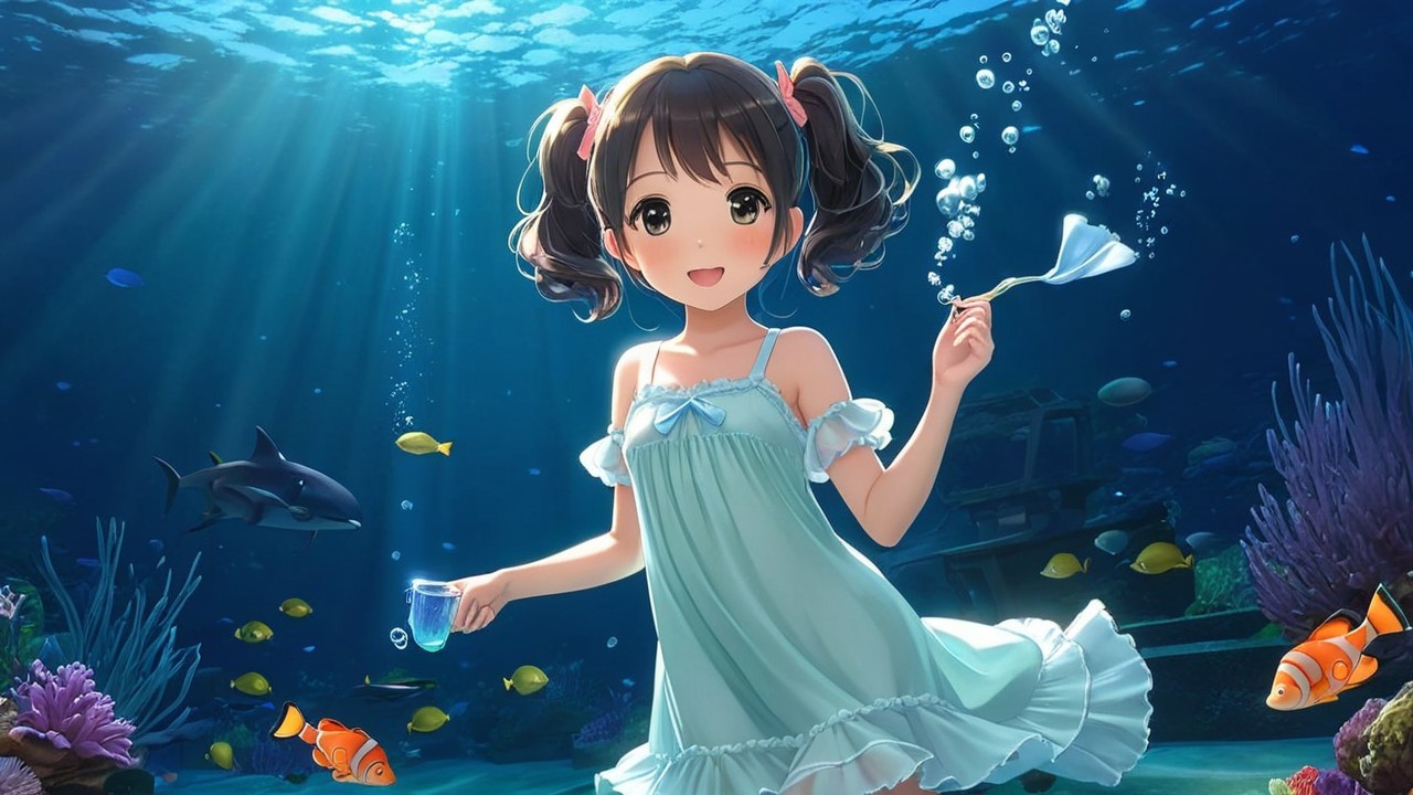Young girl in pigtails exploring colorful ocean scene