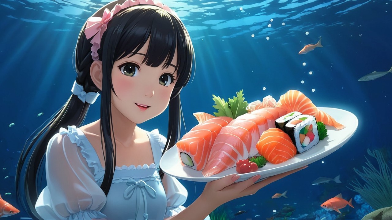 Cheerful girl with sushi in serene underwater scene