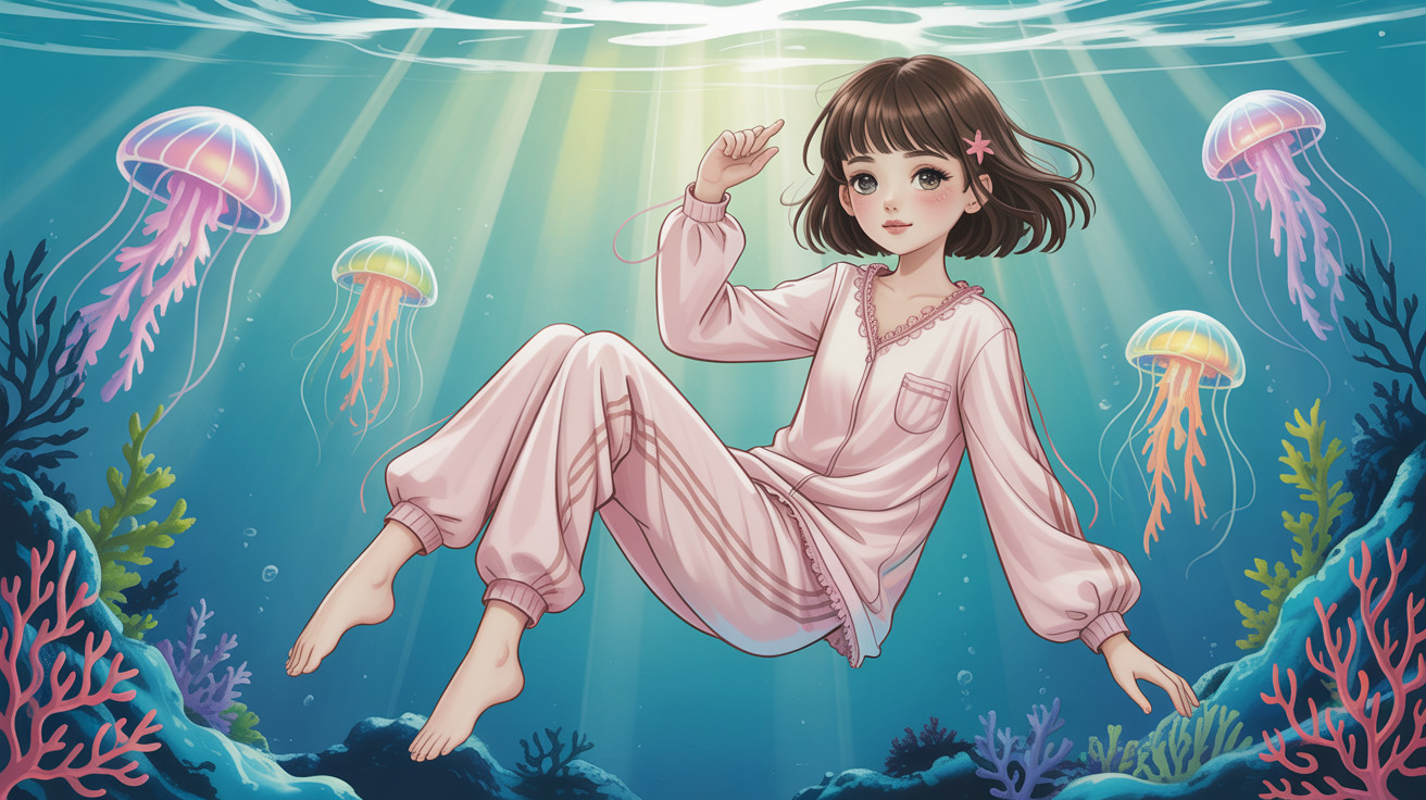 Anime of a girl underwater with jellyfish and corals