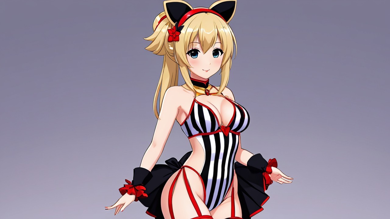 Anime Character in Playful Striped Outfit with Cat Ears