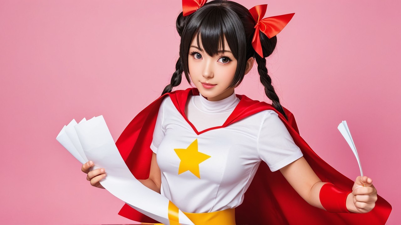 Young Woman in Superhero Costume Against Pink Background