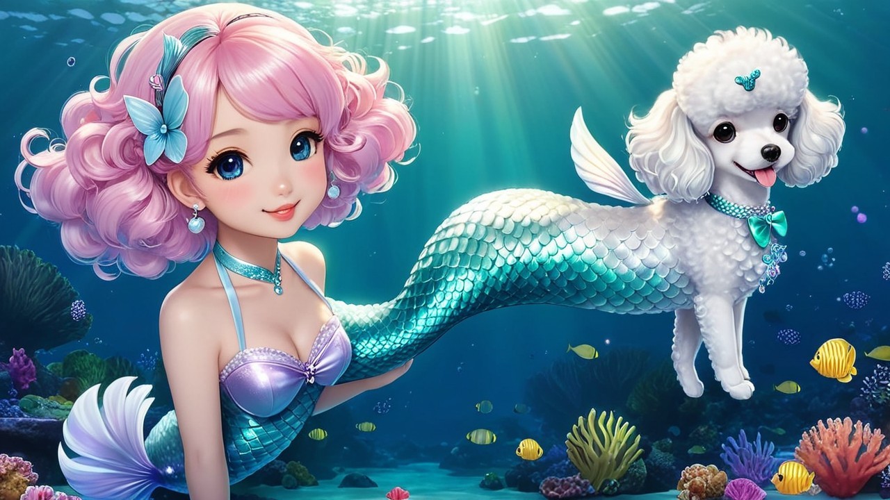 Whimsical Underwater Scene with Mermaid and Poodle