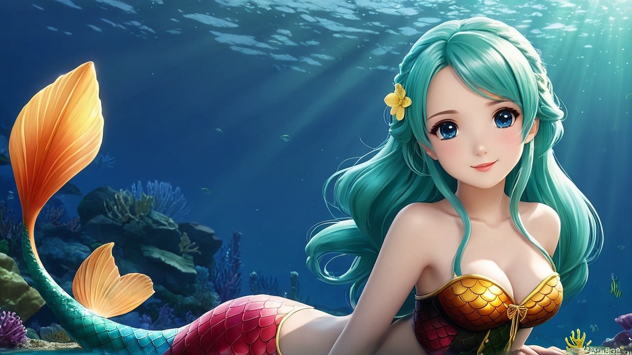 Vibrant Underwater Scene with Mermaid and Coral