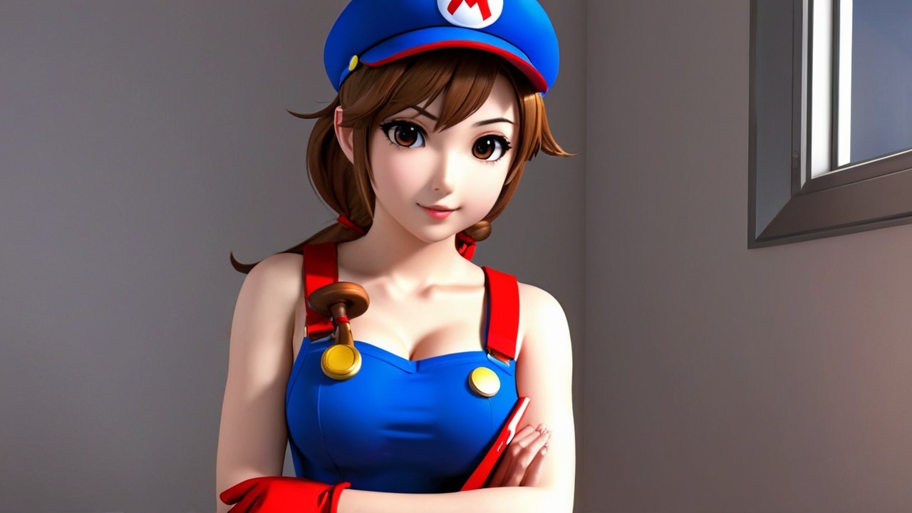 Stylized Female Character in Bright Blue Hat and Red Overalls