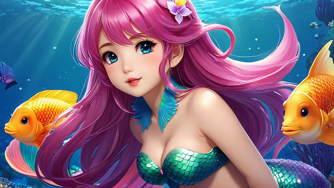 Vibrant Underwater Scene with Mermaid and Goldfish