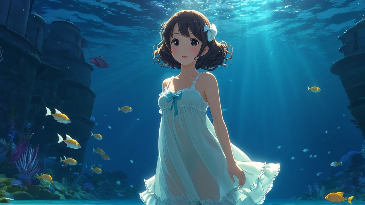 Young girl underwater in flowing dress with fish and coral