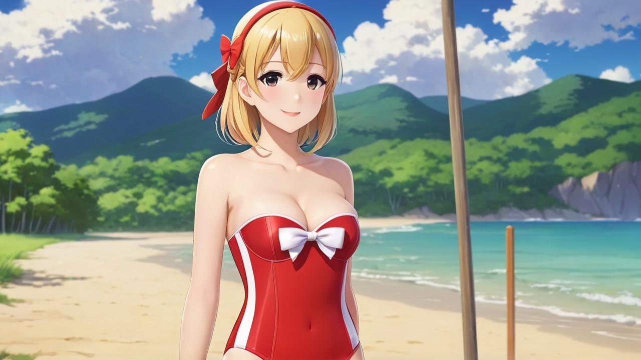 Cheerful woman in red swimsuit on sunlit beach