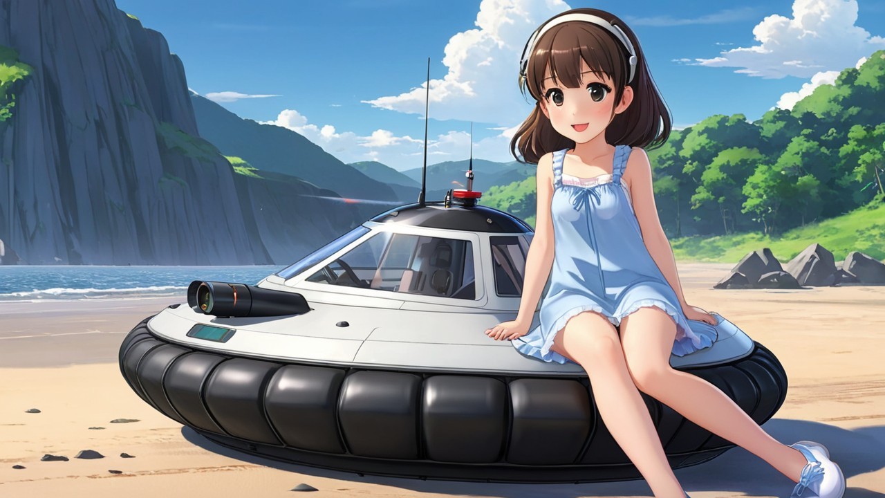 Young girl on hovercraft at sunny beach scene