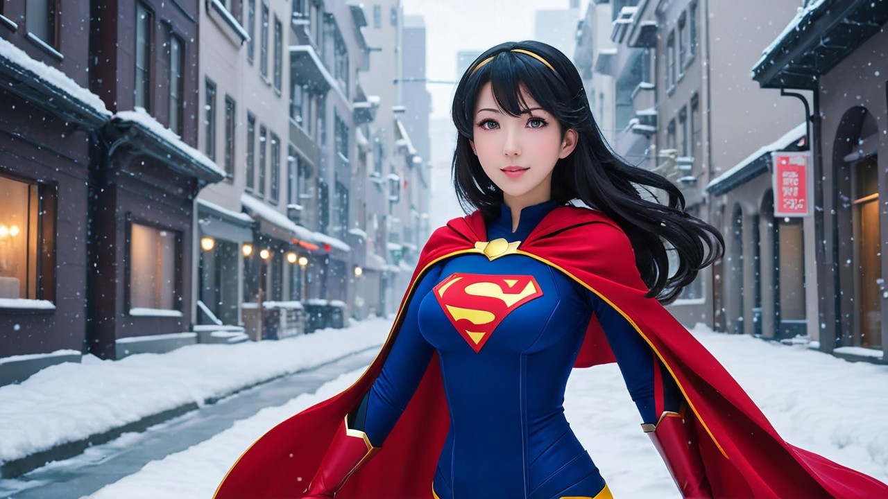 Superheroine in Snowy Urban Street with Iconic Emblem