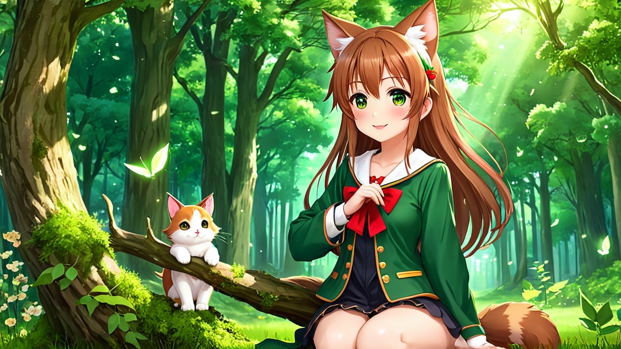Young girl with fox ears in a sunlit forest setting