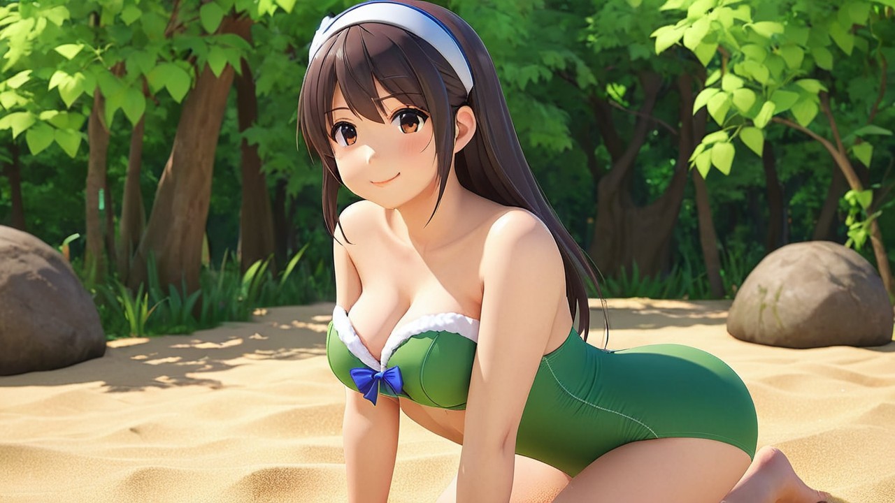 Young Woman in Green Swimsuit on Sandy Beach