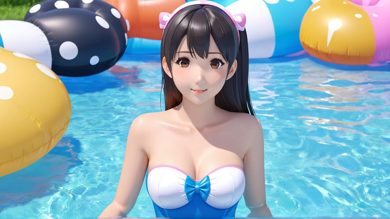 Young woman in stylish swimsuit in blue pool setting