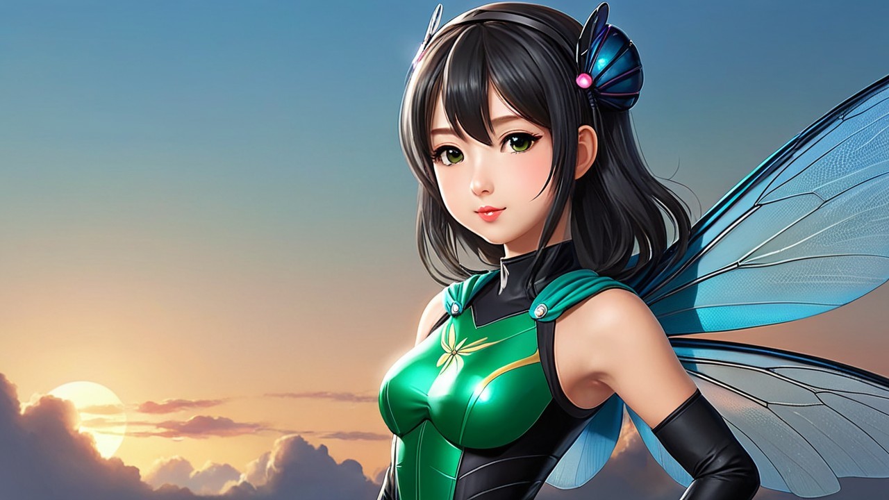 Fantasy Character with Iridescent Wings at Sunset
