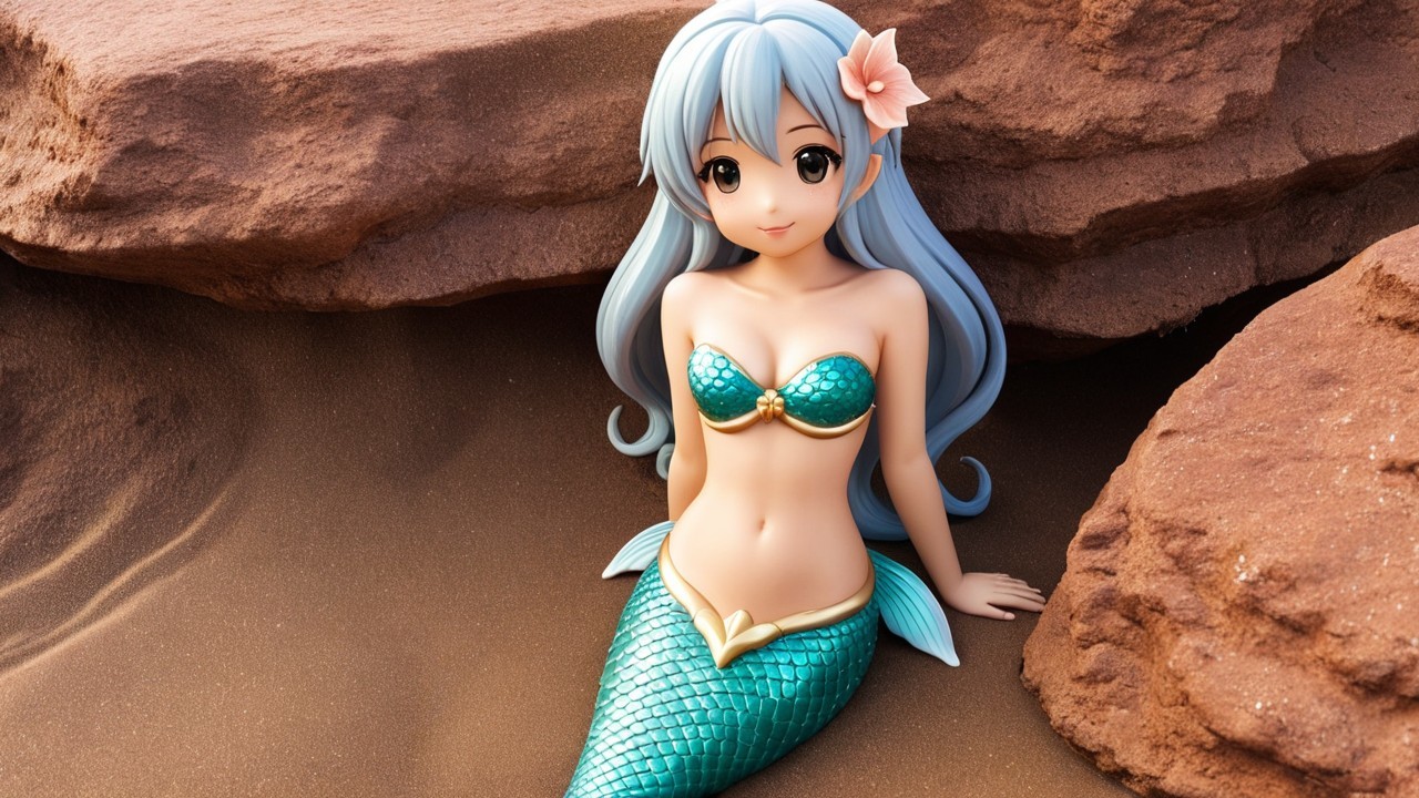 Anime-style mermaid on sandy shore with blue hair