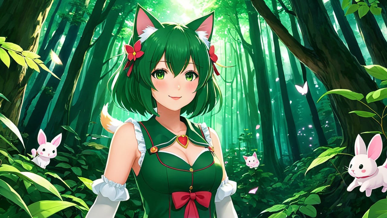 Whimsical Forest Scene with Cheerful Girl and Animals