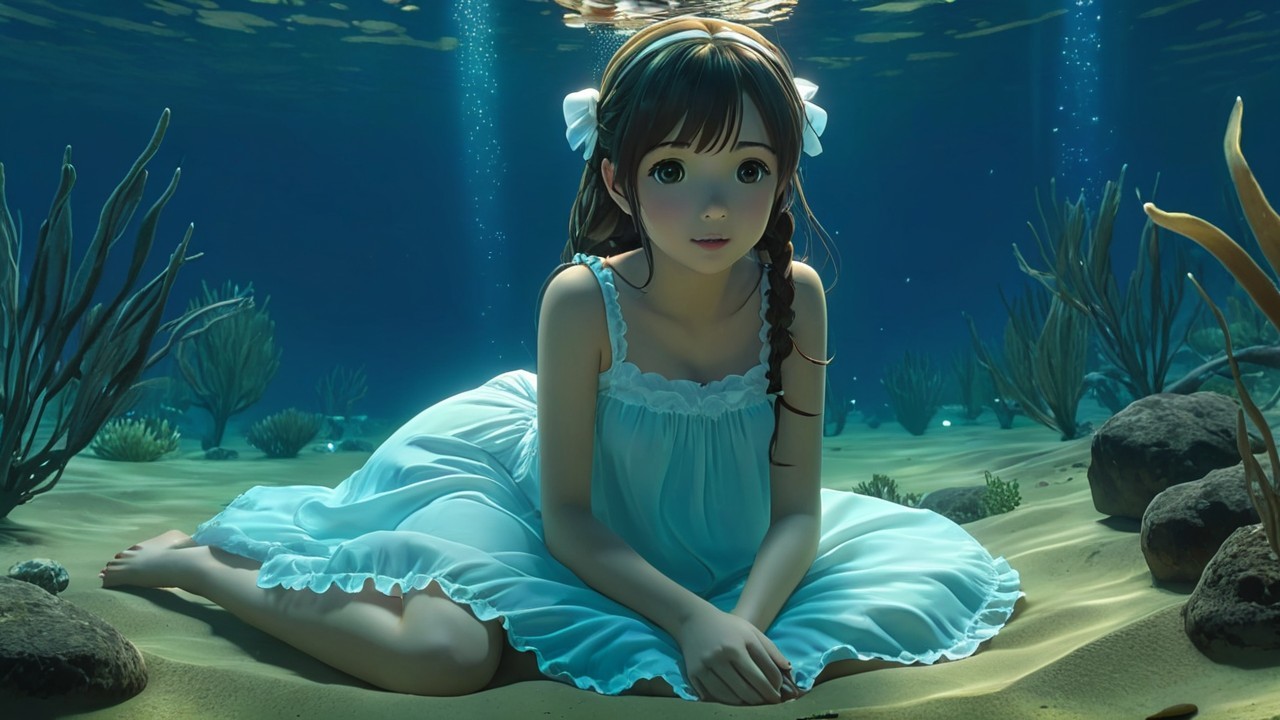 Young girl in blue dress on sandy ocean floor