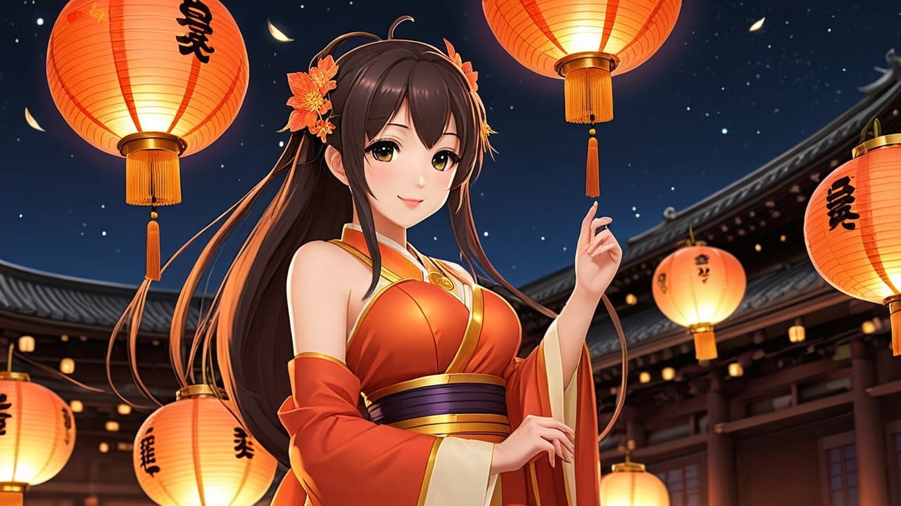Elegant Character Under Lanterns in Orange Kimono