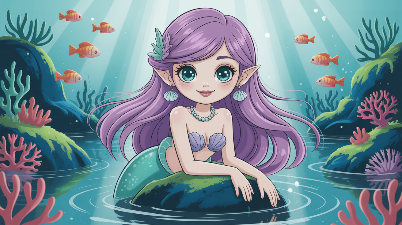 Charming anime-style mermaid with lavender hair and teal eyes
