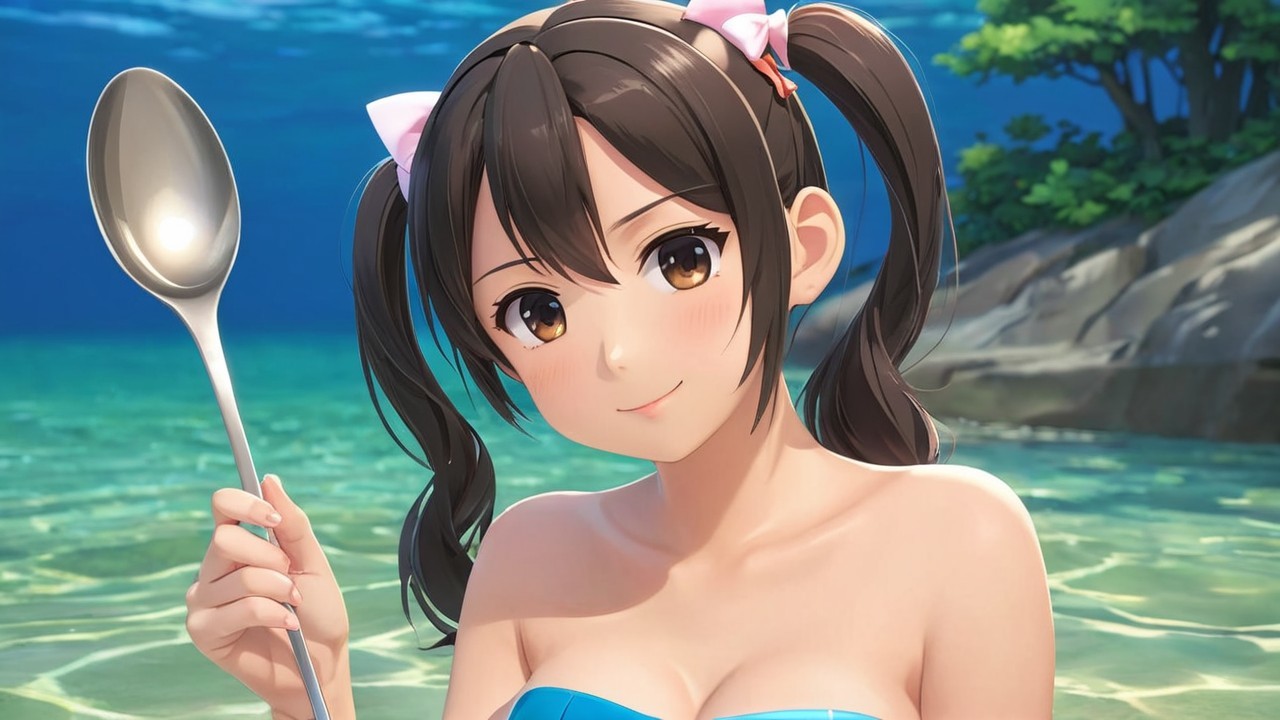 Cheerful girl in blue bathing suit by serene water