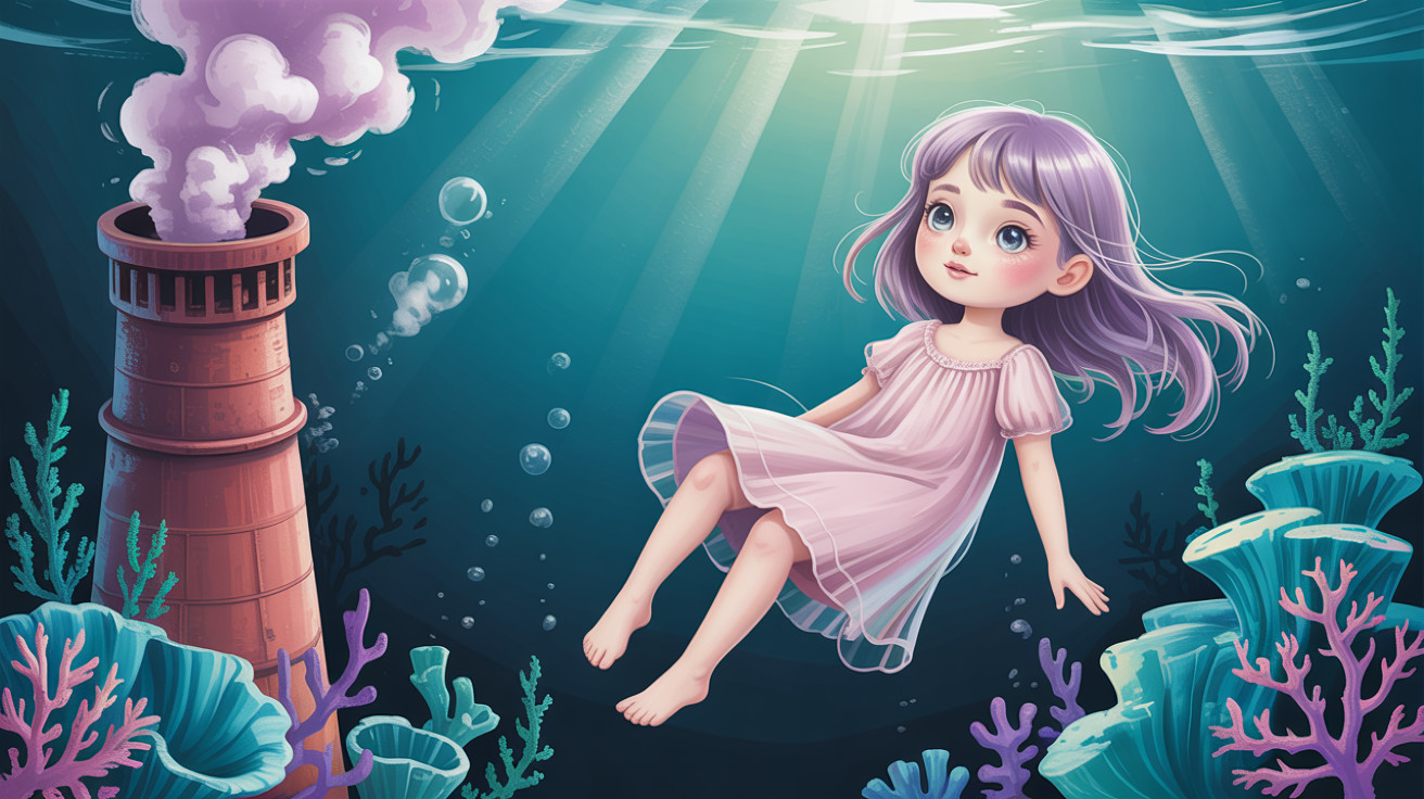 Underwater Scene of Girl with Lavender Hair and Coral