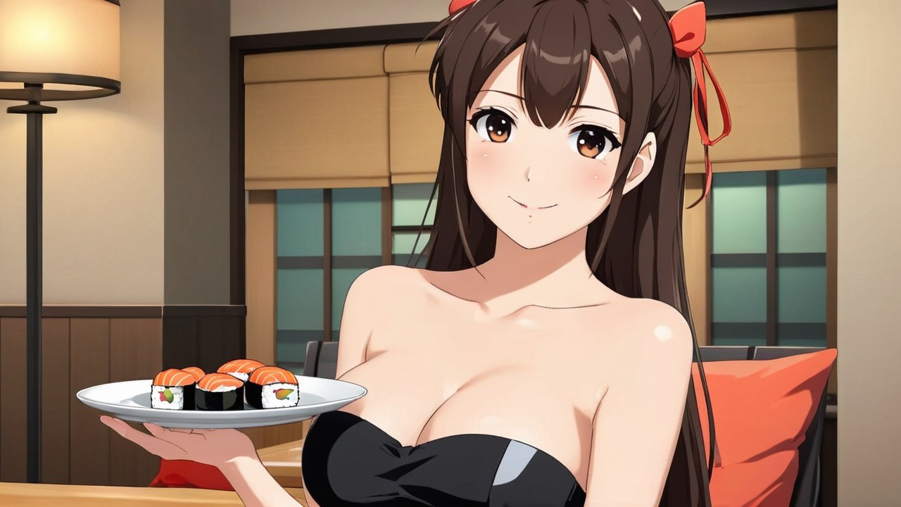 Cheerful anime character with sushi in cozy room