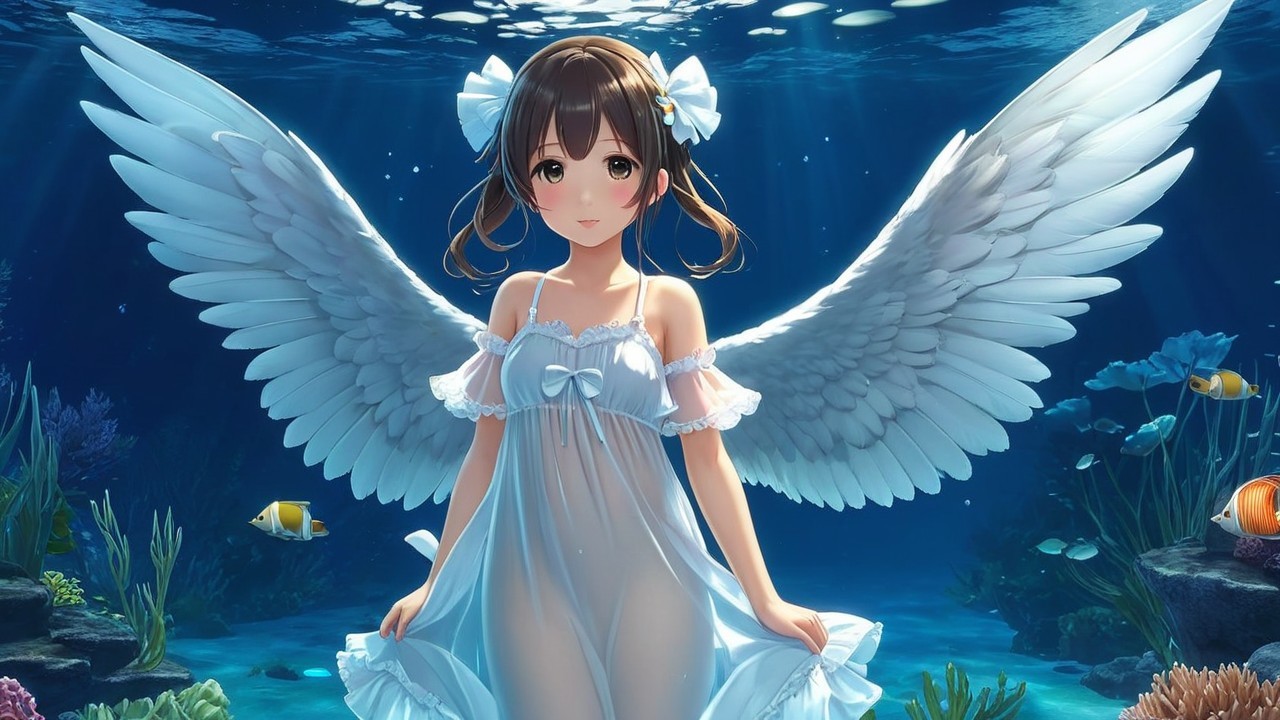 Underwater Scene with Girl and Ethereal Wings