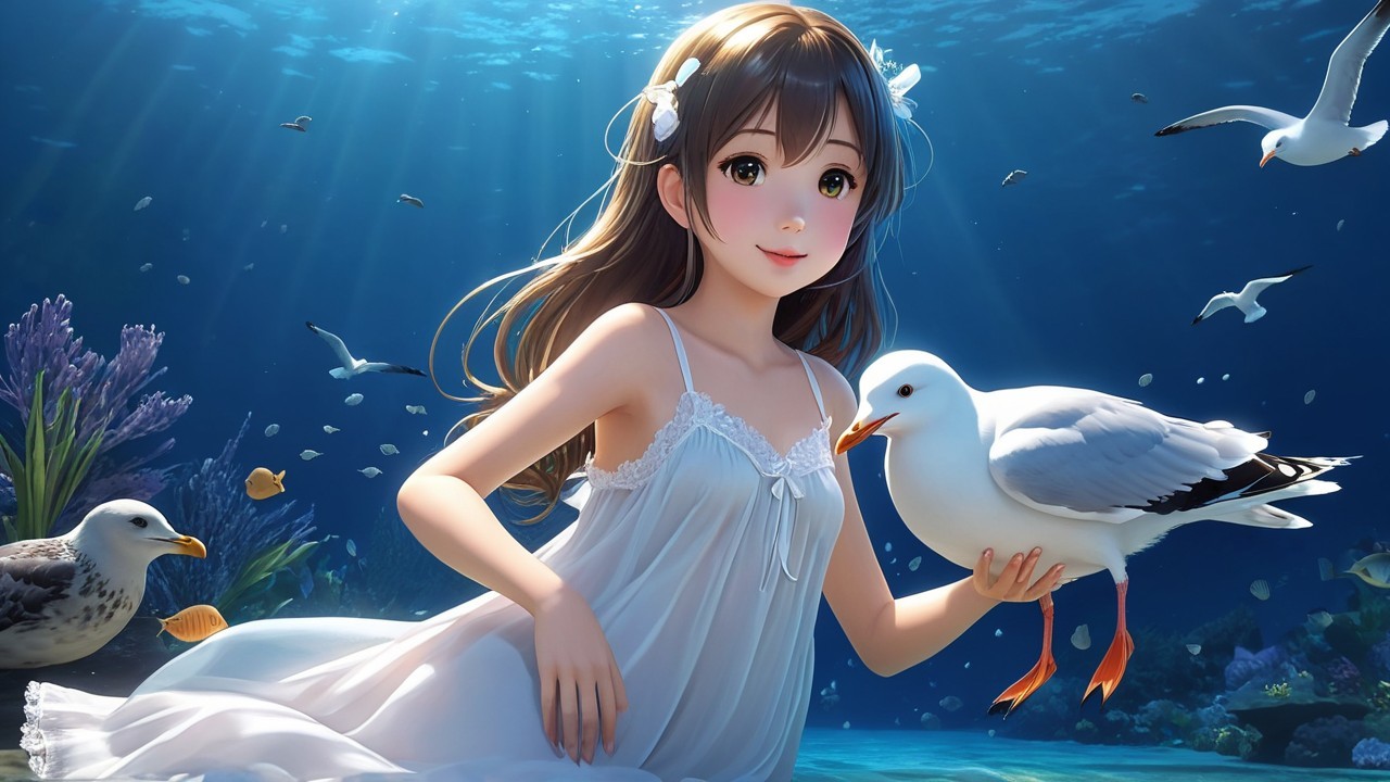 Young girl in white dress underwater with seagull