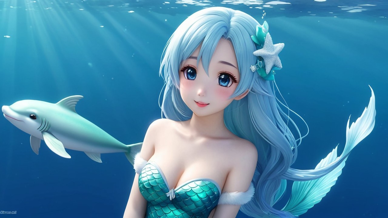 Vibrant underwater scene with anime-style mermaid