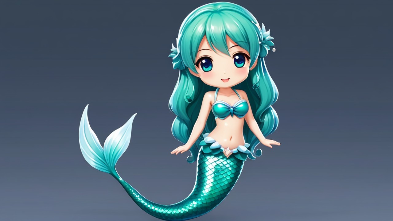 Cartoonish Mermaid with Turquoise Hair and Teal Tail