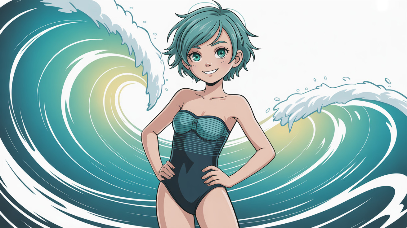 Anime Character in Teal Swimsuit with Waves Background