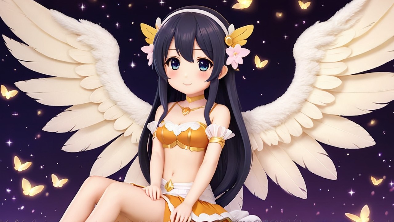 Fantastical character with flowers and decorative wings